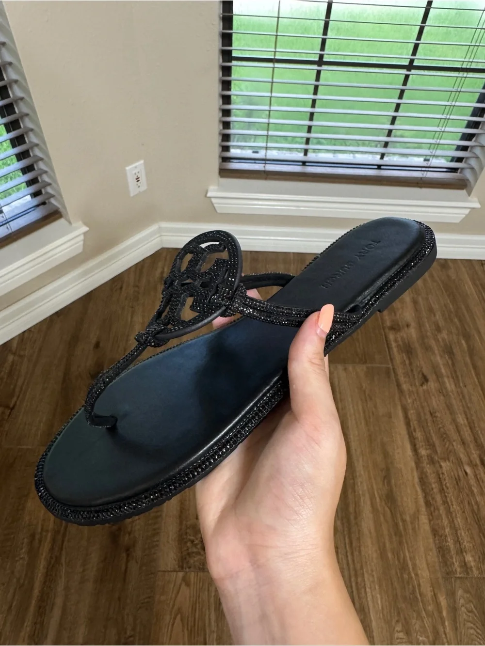 Tory Burch Black Crystal Logo Thong Sandal